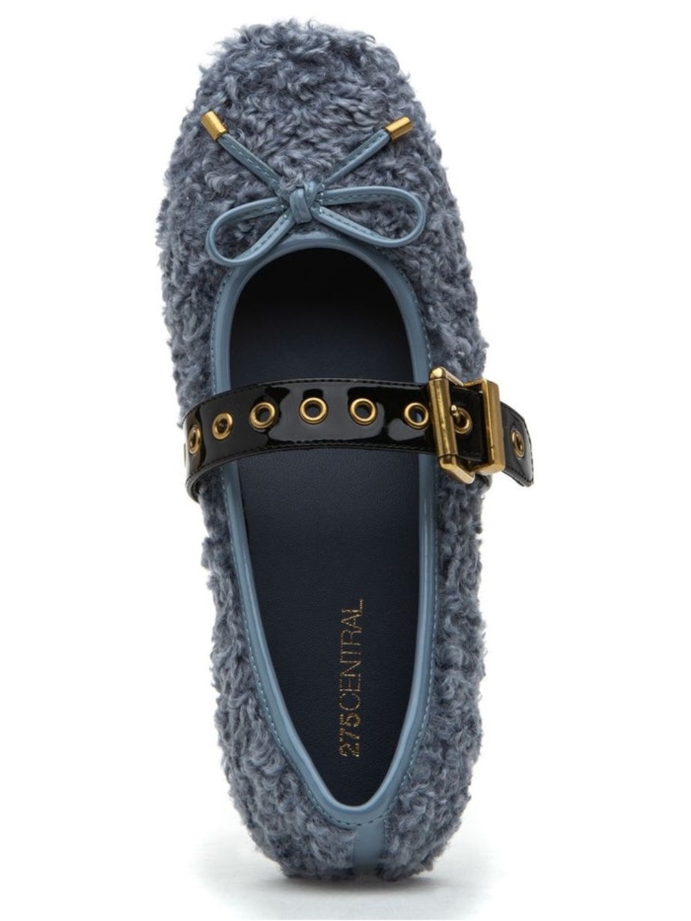 275 Central Blue Faux-Shearling Mary Jane Flat Patent Strap and Gold Buckle Sz 7
